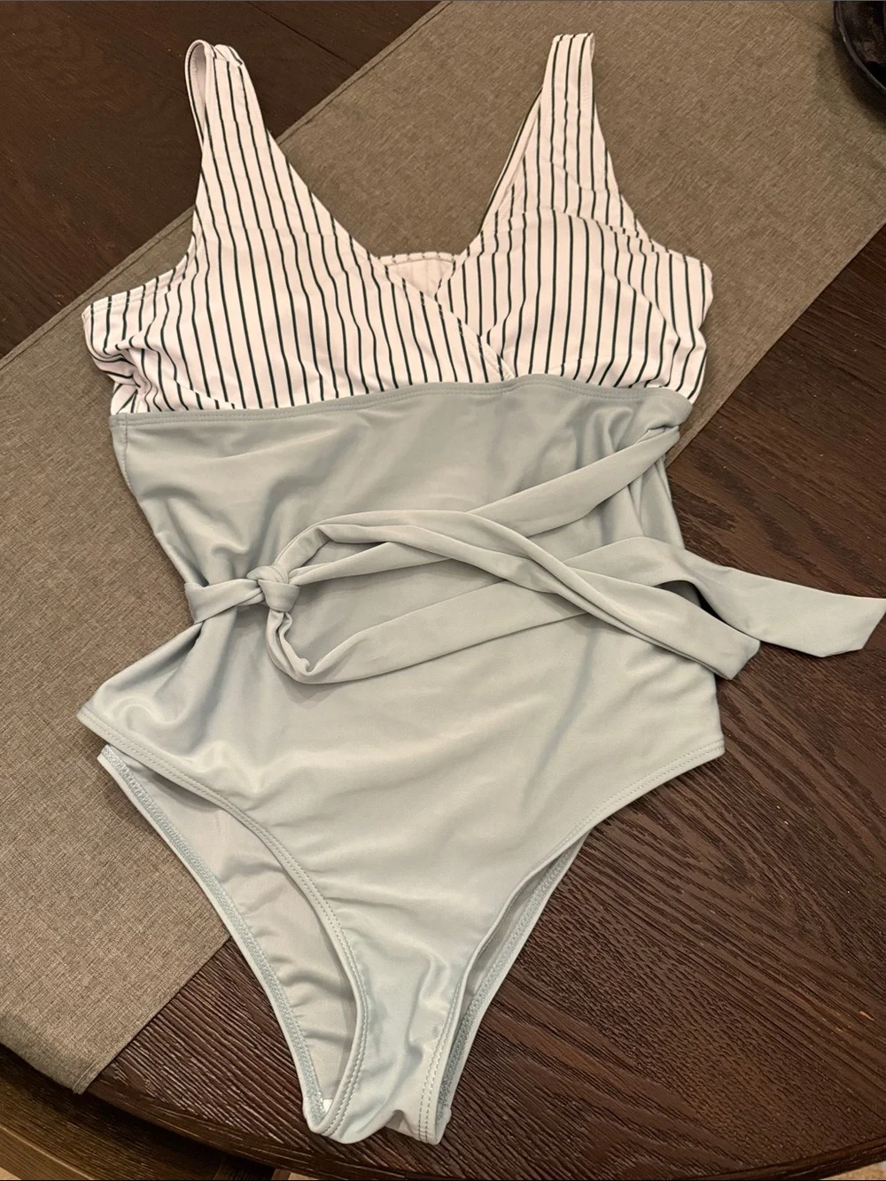 Ladies pale  Olive and. Black  Stripe One-Piece Swimsuit with Waist Tie